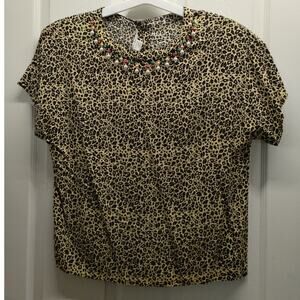 Vintage Laura & Jayne Women's Size 12 Leopard Cheetah Beaded Neck Rayon Top
